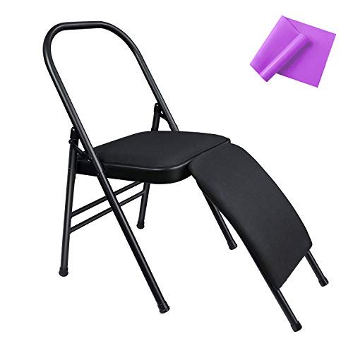 INNOLIFE Yoga Auxiliary Chair with Lumbar Back Support for Iyengar Foldable Balance Training with Purple Yoga Resistance Band (Black)