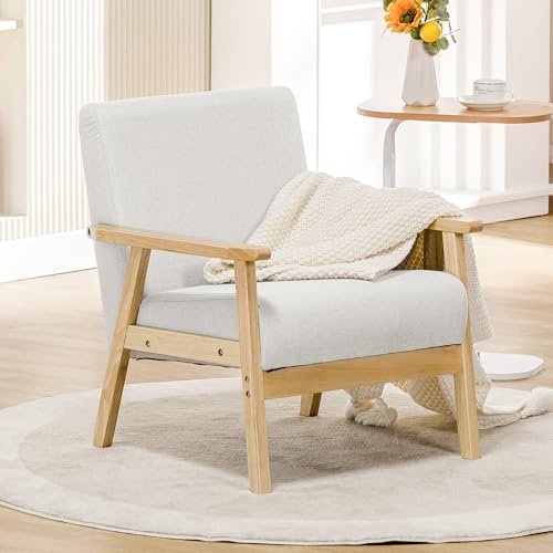 COMHOMA Mid Century Modern Accent Chair, Upholstered Living Room Chairs with Solid Wood Armrest, Comfy Reading Armchair for Bedroom, Sunroom, Balcony (Straight Armrests, Beige)