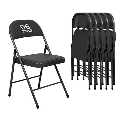 VISTACASA 6 Pack Black Folding Chairs with Padded Seats for Outdoor & Indoor，Padded Folding Chairs for Events Office Wedding Party，Portable Stackable Leather Folding Chair（Classic Black，6pack）