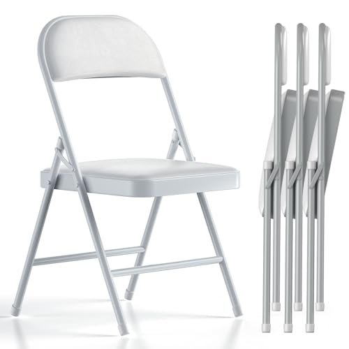 Nazhura 4 Pack Folding Chairs with Padded Vinyl Cushion Chairs with Comfortable Cushion and Durable Steel Frame for Home and Office, for Indoor and Outdoor Events (White Vinyl Padding 4 Pack)