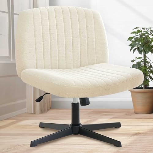 Orange Factory Cross Legged Office Desk Chair No Wheels Fabric Padded Modern Swivel Height Adjustable Wide Seat Computer Task Vanity Chair for Home Office Mid Back Accent Chair (Beige)