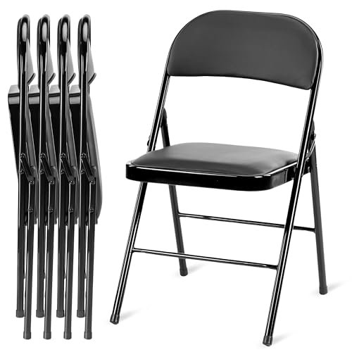 Simple Deluxe 4 Pack Folding Chairs with Leather Padded Cushion Seats & Durable Metal Frame, Comfortable, Foldable, Portable, Commercial Event Seat, Indoor Outdoor for Parties, Home, Office, Black