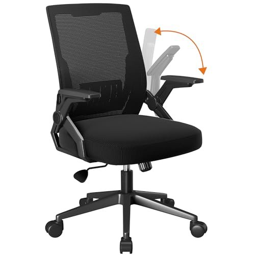 COMHOMA Office Chair with Flip-up Armrests Ergonomic Computer Desk Chair Foldable Mesh Task Chair with Wheels Adaptive Lumbar Support Swivel Tilt Comfortable Study Chair, Black(Seat Depth 20