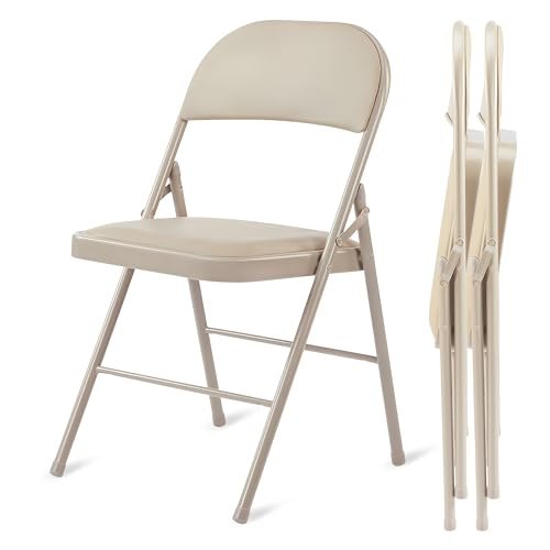 YSSOA 2 Pack Folding Chairs with Padded Vinyl Cushion Seats & Durable Metal Frame for Indoor Outdoor Parties, Home, Office, Commercial Event Seat, Comfortable, Foldable, Portable and Stackable, Kahki