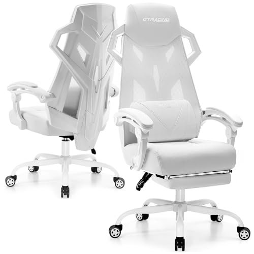 GTRACING Gaming Chair, Computer Chair with Mesh Back, Ergonomic Gaming Chair with Footrest, Reclining Gamer Chair with Adjustable Headrest and Lumbar Support for Gaming and Office (White)