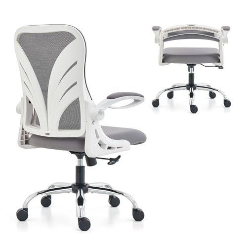 HOLLUDLE Ergonomic Office Chair with Foldable Backrest, Computer Desk Chair with Flip-up Armrests, Mesh Lumbar Support and Tilt Function Big and Tall Office Chair, White