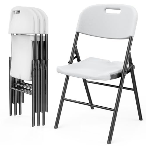 VINGLI Folding Chairs, Heavy Duty Foldable Chair Portable HDPE Plastic Seat with Steel Frame for Indoor Outdoor Dinning Party Wedding School Use, White, 4 Pack