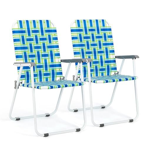 VINGLI Patio Lawn Webbed Folding Chairs Set of 2, Outdoor Beach Portable Lawn Chair Camping Chair Beach Chair for Yard, Garden Dining (Blue, Classic)