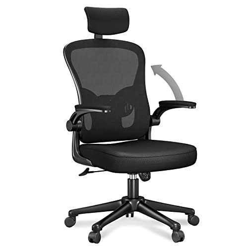 naspaluro Office Desk Chair with Flip-Up Armrest High Back Ergonomic Computer Chair with Adjustable Headrest and Lumbar Support Executive Swivel Chair for Home and Office - Black