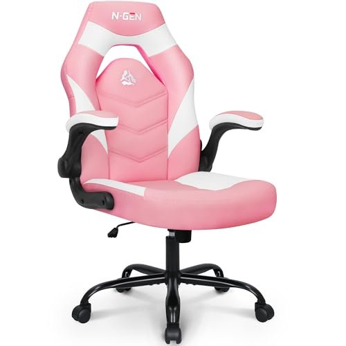 N-GEN Video Gaming Computer Chair Ergonomic Desk Office Chair for Adults with Lumbar Support Flip-Up Arms Adjustable Height Swivel Wheels PU Leather Executive Design for Home and Office (Pink)