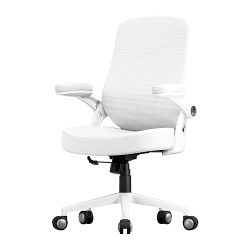 Ergonomic Office Desk Chair, PU Leather Home Office Desk Chair, Mesh Mid-Back Computer Chair, Flip-up Armrests Executive Task Chair (White)