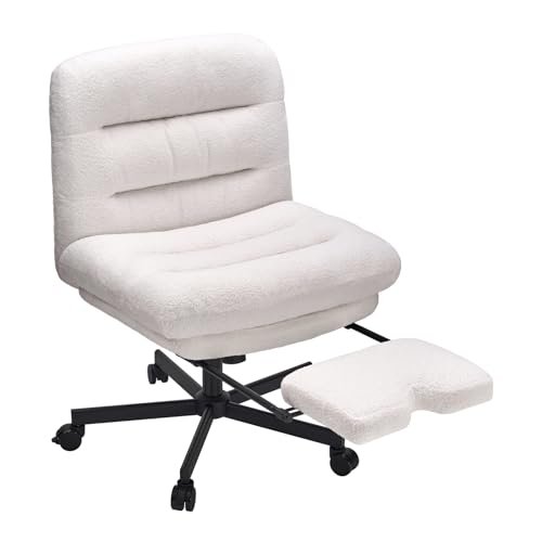 KUMEPOJO Armless Desk Chair with Wheels 400 lbs, Cross-Legged Wide Comfy Office Chair, Swivel Chair with Rocking Feature, Retractable Leg Rests, Locking Caster Wheels, White Teddy Plush Fabric