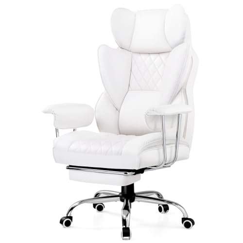 GTRACING Gaming Chair,Office Chair with Pocket Spring Lumbar Support, Ergonomic Comfortable Wide Office Desk Computer Chair with Outward Fixed Soft Armrests and Footrest (PU Leather, White)