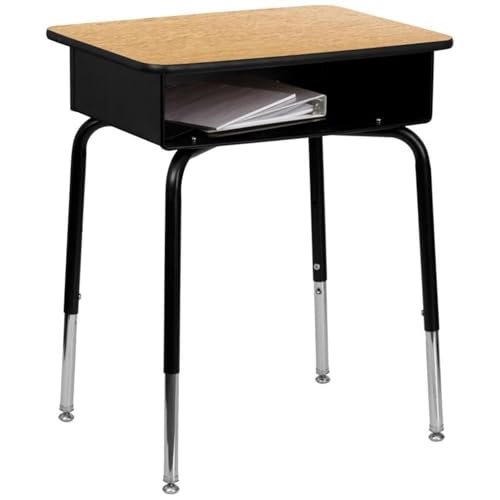 Flash Furniture Billie Open Front Student Desk for Classrooms or Remote Learning, Height Adjustable School Desk with Metal Book Box, Natural/Black