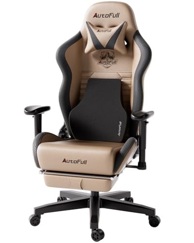 AutoFull Gaming Chair, Racing Style Gaming Chair with Ergonomic Lumbar Support,Adjustable High Back PU Leather PC Chair with Footrest,Brown