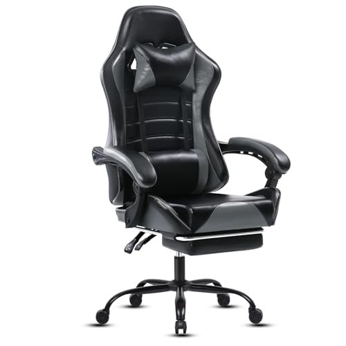 Ergonomic Gaming Chair with Footrest, Racing Style Video Game Chair for Adults, Reclining Gamer Chair Office Chair with Headrest and Lumbar Support High Back Computer Chair for Heavy People, Grey