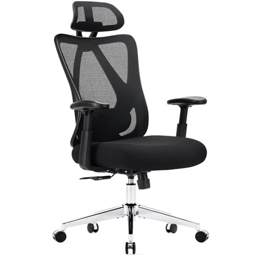 Sweetcrispy Home Office Desk Chair, Ergonomic Rolling Work Swivel High Back 135°Tilt Function Big and Tall Computer with Wheels, 2D Armrest Adjustable Lumbar Support & Headres, Modern Black