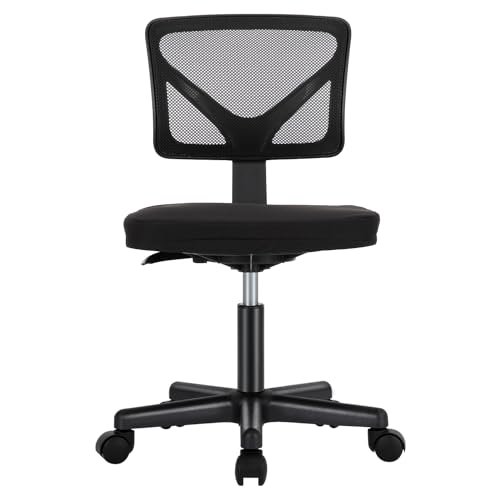 Sweetcrispy Armless Desk Chairs, Ergonomic Low Back Computer Chair No Arms, Adjustable Rolling Mesh Task Work Swivel Chairs with Wheels Work Vanity Chair for Small Spaces Home Bedroom Study, Black