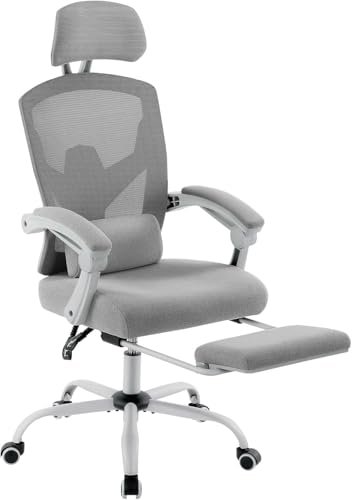 DUMOS Home Office Desk Chair with Footrest, High-Back Mesh Rolling Swivel Reclining Chairs with Wheels, Comfortable Headrest, Lumbar Support, Comfy Arms for Home, Office, Gaming, Student, Grey