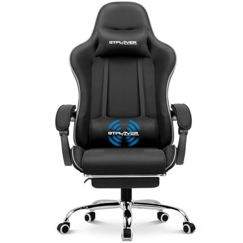 GTPLAYER Gaming Chair with Footrest, Computer Chair with and Lumbar Support, Height Adjustable Game Chair with 360°-Swivel Seat and Headrest and for Office or Gaming (All Black-Fabric)