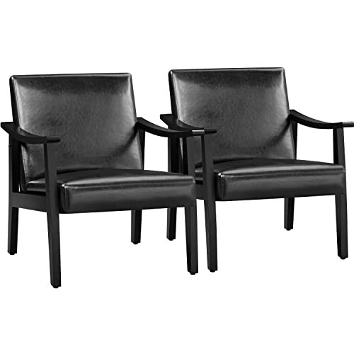 Yaheetech PU Leather Accent Chair, Mid-Century Modern Armchair with Solid Wood Legs, Reading Leisure Chair with High Back for Living Room Bedroom Waiting Room, 2 Pieces, Black