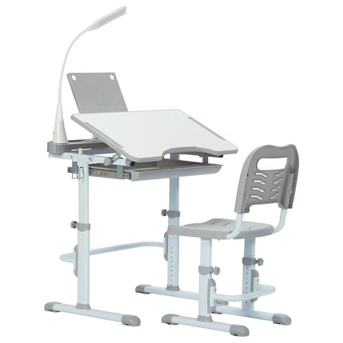 Real Relax Height Adjustable Desk and Chair, Childs School Student Sturdy Table Grey