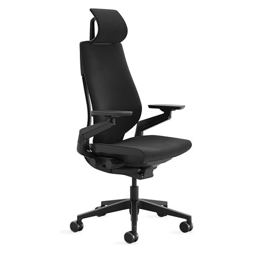 Steelcase Gesture Office Chair with Head Rest - Ergonomic Work Chair with Wheels for Carpet - Comfortable Office Chair - Intuitive-to-Adjust Chairs for Desk - 360-Degree Arms - Licorice Fabric