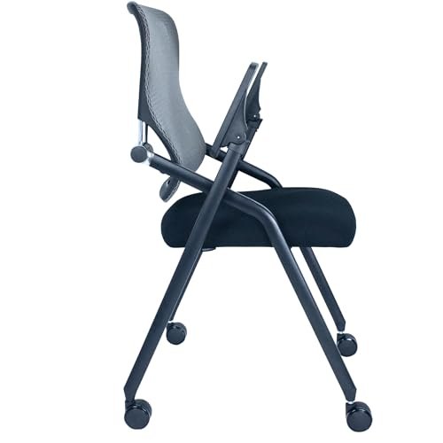 BROBRIYO PRO Stackable & Foldable Conference Room Chairs with 2X Thick Cushion, Lumbar Support, Armrest - Mesh Bouncing Back for Office Meeting, Training Room Chair 1 Pack Grey