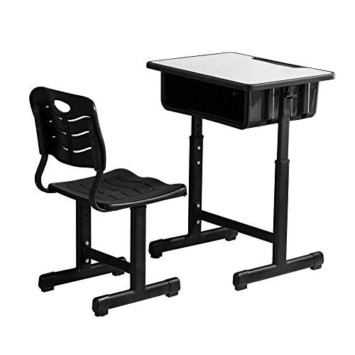 Student Desk and Chair Combo, Height Adjustable School Desk and Chair Workstation with Drawer, Pencil Grooves and Hanging Hooks for Home, School and Training (Black&White)