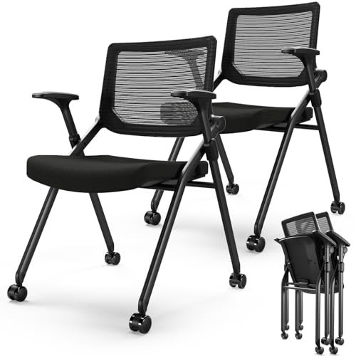 FYLICA Foldable Office Chair Set of 2 with PU Wheels Ergonomic Mesh Bouncing Back, Stackable Conference Room Chair, Office Guest & Reception & Meeting Chair (Black)