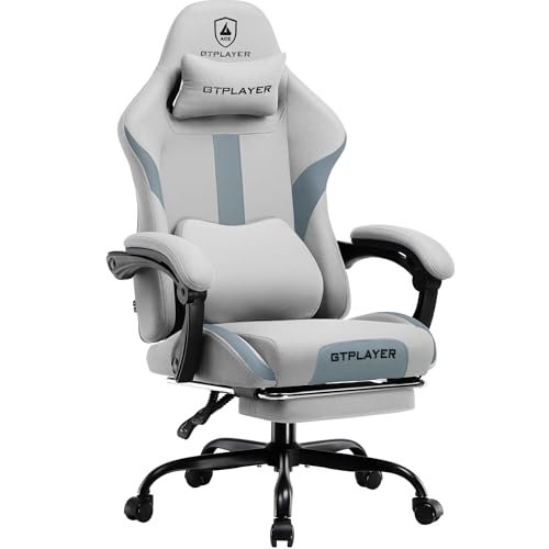 GTRACING Gaming Chair Ergonomic Office Chair with Foot Rest & Pocket Spring Cushion, High Back Computer Desk Chair with Headrest & Lumbar Support, Breathable Fabric Game Chair for Adults, Gray