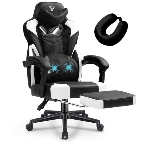 Vigosit Gaming Chair PRO, Ergonomic Gaming Chairs for Adults Heavy People, Massage Office Desk Computer Chair with Footrest and Lumbar Support, Big Tall Mesh Gamer Chair with Cushion (Black White)