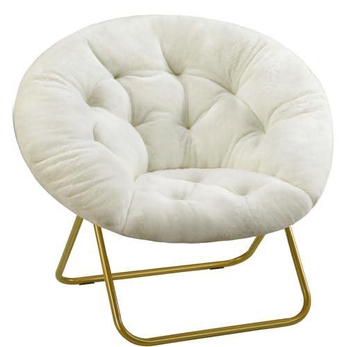 Sweetcrispy Cozy Saucer Chairs Faux Fur Living Room Reading Lounge Furniture Folding Comfy with Soft Thick Padded Seat Metal Frame Modern Style for Bedroom Home Adults, X-Large, White