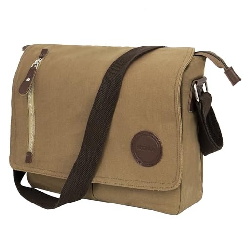 Storite Canvas Sling Cross Body Travel Office Business Satchel Messenger One Side Shoulder Bag for Men & Women-(33cm x 6.5cm x 27cm), Brown, M, Brown with Brown Strap