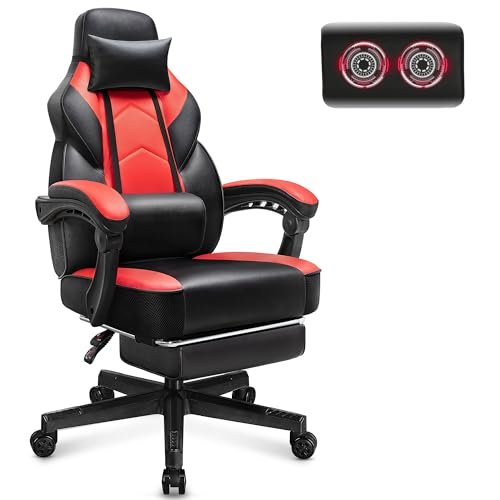 Gaming Chair with Footrest, Video Game Chair for Adults, Ergonomic Big and Tall Computer Chair with Massage Lumbar Support 400lb Weight Capacity, Adjustable Height and 360° Swivel Seat (Red)