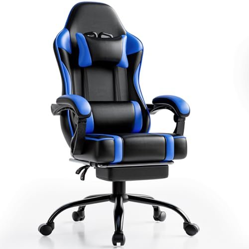 Ergonomic Gaming Chair with Footrest, PU Leather Video Game Chairs for Adults, 360°Swivel Adjustable Office Chair Gamer Chair, Comfortable Computer Chair for Heavy People (Blue)