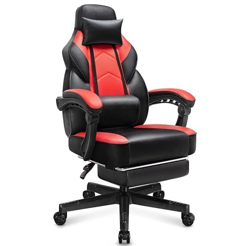 Gaming Chair with Footrest, Video Game Chair for Adults Ergonomic Big and Tall Computer Chair with Massage Lumbar Support 400lb Weight Capacity, 360° Swivel Seat and Adjustable Height(Red)