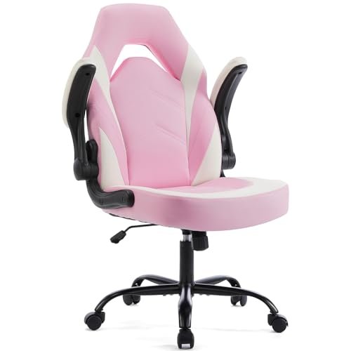 Sweetcrispy Computer Gaming Desk Chair - Pink Ergonomic Office Executive Adjustable Swivel Task PU Leather Racing Chair with Flip-up Armrest for Adults, Kids, Men, Girls, Gamer, White Pink