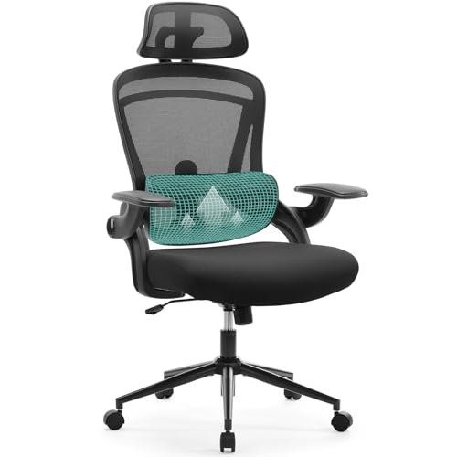 Sweetcrispy Ergonomic Mesh Office Chair, High Back with 2D Headrest, Up&Down Lumbar Support, Swivel Computer Task Desk Chairs with Adjustable Flip-up Armrests, Black