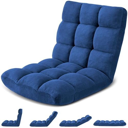 Avocahom Folding Floor Gaming Chair 14-Poistion Cushioned Adjustable Floor Lazy Sofa Chair w/Breathable Cotton & Skin-Friendly Velvet for Adults & Kids Perfect for Reading Gaming Meditating, Darkblue