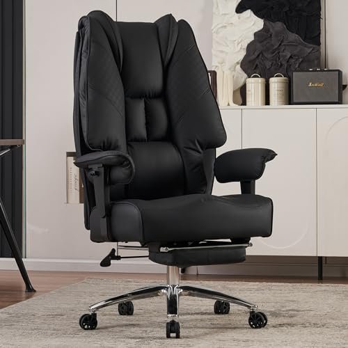 EXCEBET Big and Tall Office Chair 400lbs Wide Seat, Leather High Back Executive Office Chair with Foot Rest, Ergonomic Office Chair Lumbar Support for Lower Back Pain Relief (Black)