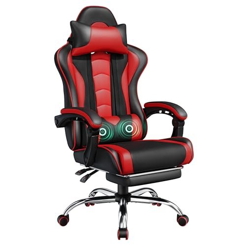 Yaheetech Gaming Chair, Video Game Chair with Massage Lumbar Support and Footrest Height Adjustable Ergonomic Computer Chair with Swivel Seat and Headrest, Black/Red