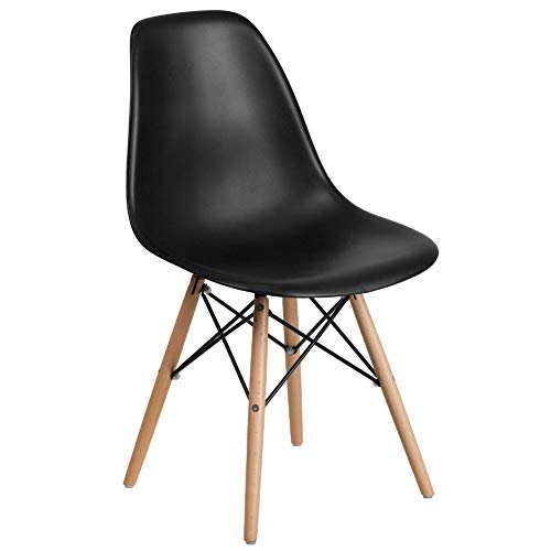 Flash Furniture Elon Series Plastic Modern Dining Chair with Wooden Legs, Mid-Century Side Chair for Dining Rooms and Offices, Black