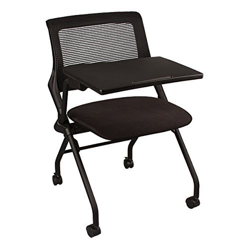 Learniture Mesh Tablet Arm Chair with Wheels and Padded Seat, Mobile Office Conference Chair with Flip-Up Writing Tablet, Black