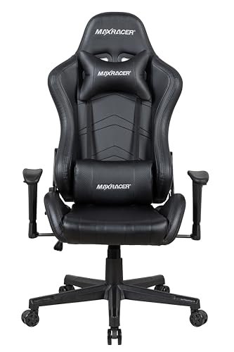 MAX RACER - Cadeira Gamer Aggressive - Cadeira Ergonômica para Jogos, Poltronas Gamer de Aço - Até 150kg, Braços 1D, Tecido Sintético PVC, Inclinação 180°, Almofada Cervical e Lombar- Preta