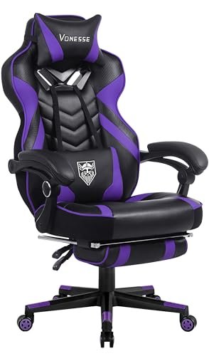 Vonesse Gaming Chair for Adults,Computer Chair with High Back,Big and Tall Gaming Chairs with Footrest and Massage,Reclining Gamer Chair(Purple/Black)