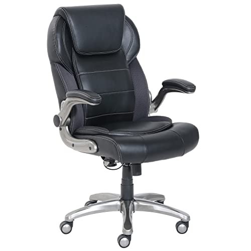 Amazon Basics Ergonomic Office Chair, High-Back Bonded Leather with Flip-Up Arms and Lumbar Support, Black, 29.5