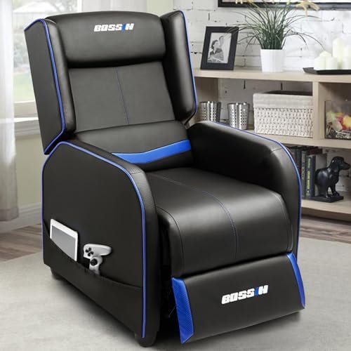 BOSSIN Gaming Recliner Chair for Adults 400lbs Racing Style Sofa Big and Tall PU Leather Recliner Seating Modern Ergonomic Lounge Recliner Chair Comfortable Home Movie Theater for Living Room(Blue)