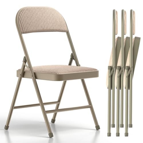 Nazhura 4 Pack Folding Chairs, Fabric Dining Chair Set with Padded Cushion and Back, Indoor Outdoo Seat for Home Office Events Wedding Party (Oatmeal Strip Fabric Seating)