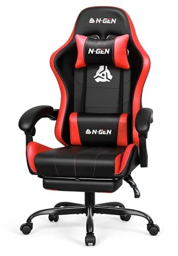 N-GEN GAMING Video Gaming Chair with Footrest High Back Ergonomic Comfortable Office Computer Desk with Lumbar Support Height Adjustable with PU Leather Recliner for Adults Women Men (Red)